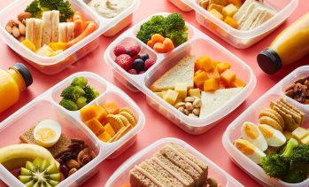 Uncolored plastic lunch boxes with healthy organic food including veggies, fruit, sandwiches and biscuits with bottle of smoothies on pink background in daylight.